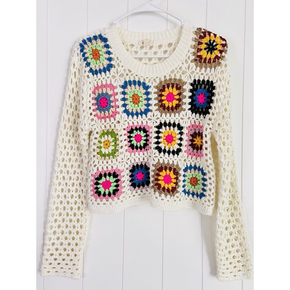 Debut White Colorful Granny Square Knitted Sweater Boho Hippie Festival Small